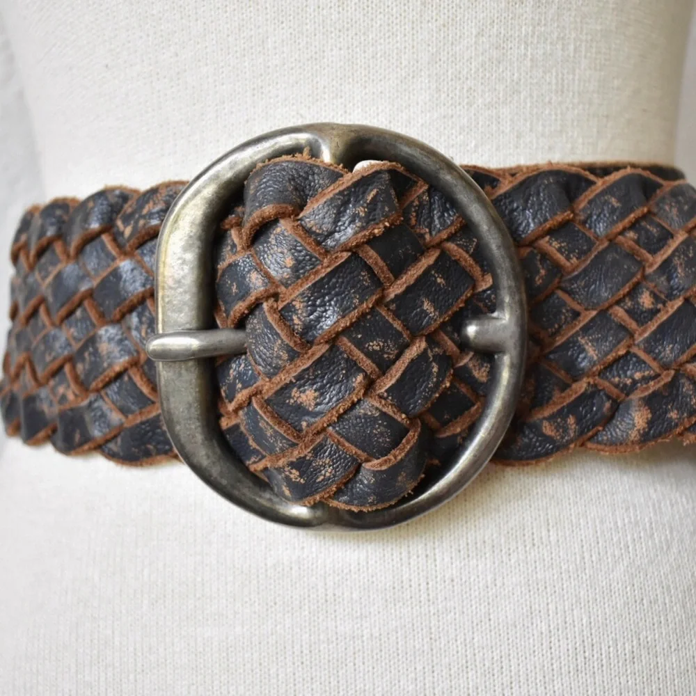 Arcangelo Blue Distressed Leather Braided Belt